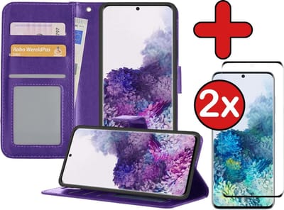 Hoesje - Met 2x Screenprotector - Geschikt voor Samsung Galaxy S20 - Luxe Pasjeshouder - Flip Case - Bookcase Portemonee - Kunstleer Book Case - Flipcase Hoes - Book Cover - Walletcase - Portemonneehoes - Telefoonhoes - Paars