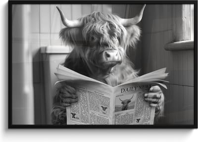 Poster in lijst - Fotolijst 120x80 cm - Posters - Schotse hooglander - Koe - Krant - WC - Zwart wit - Posterlijst zwart - Wanddecoratie badkamer - Muurdecoratie WC - Decoratieve accessoires - Toilet muur decoratie