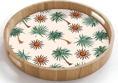 Dienblad rond 40x40 cm - Schootdienblad hout - Kust - Palmbomen - Zon - Groen - Borrelplank rechthoek - Plateau houten dienbladen