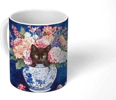 Mok - Koffiemok - Kat - Felgekleurde bloemen - Vaas - Mokken - 350 ML - Beker - Koffiemokken - Theemok