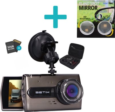 Setix Dashcam Go met Dode Hoek Spiegels - Voor en Achter Camera – Inclusief 32GB SD kaart - Full HD 1080P Resolutie – Met Opbergcase tegen Diefstal - Nachtzicht – Plug & Play - Parkeermodus - 170 Graden Kijkhoek – Loop Recording – 2025 Auto Camera