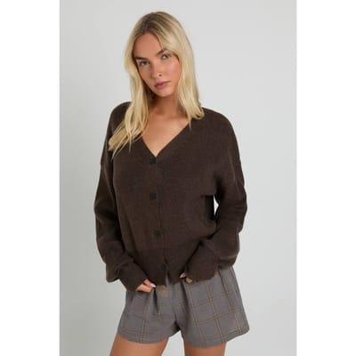 boohoo Dames Premium ribgebreide cardigan met knoopdoorloopdesign | Chocolate | Maat: Small