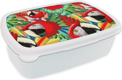 Broodtrommel Wit - Lunchbox - Brooddoos - Jungle - Papegaai - Vogels - Design - 18x12x6 cm - Volwassenen