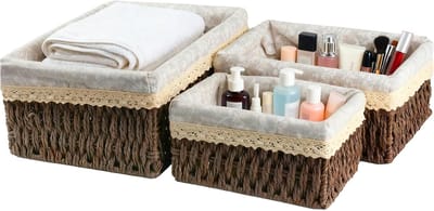 Set van 3 opbergmanden, boho, gevlochten manden en containers voor thuis, kantoor, badkamer en slaapkamer, boho-decoratie (bruin)
