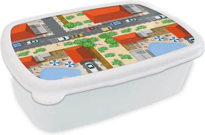 Broodtrommel Wit - Lunchbox - Brooddoos - Auto - Patronen - Wegen - Steden - 18x12x6 cm - Volwassenen