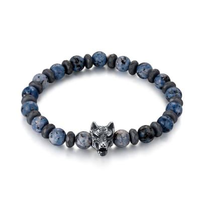 Twice As Nice Armband in edelstaal, blauwe en grijze stenen, wolfskop 19cm