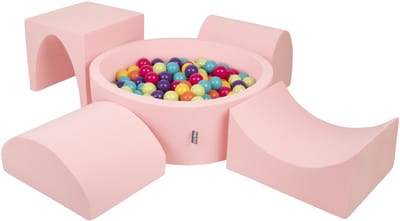 KiddyMoon schuimspeelplaats met rond ballenbad (300 ballen) ballenbakken voor baby's speelbad hindernisbanen, made in the eu, roze:lichtgroen/geel/turquoise/oranje/donkerroze/violet