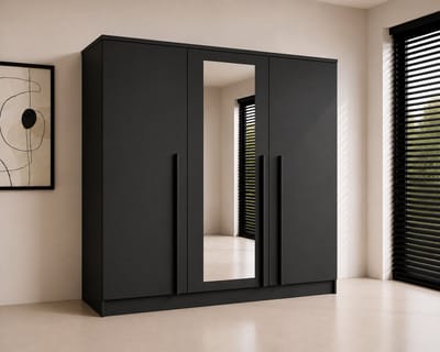 Pro-meubels - Kledingkast Istanbul - met Spiegel 150 x 52 x 200 cm - Zwart Mat - 3 Deuren - 2 Lades - Slaapkamer