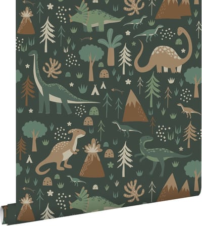 ESTAhome behang dinosaurussen donkergroen en bruin - 53 cm x 10.05 m - 139802