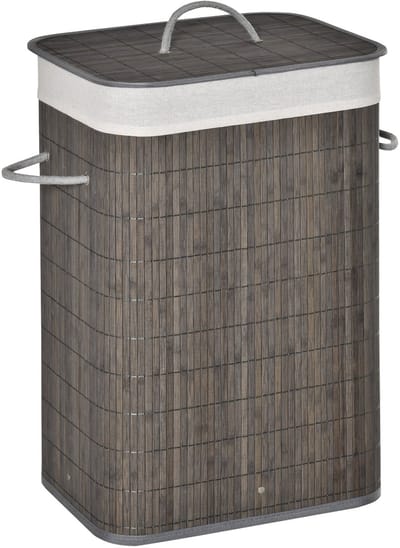 Waskorf - 83L - Smal met Deksel - Verwijderbare Waszak - Wasklasificator - Bambus - Grijs