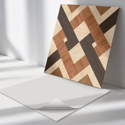 Wallfluent Vinyl Tegels - Geometrisch Houtpatroon Zelfklevende Vinyl Tegels - 30 cm x 30 cm - Bruin Vinyl Tegels - Set van 9 - Vierkant PVC Tegels - Texturen Plaktegels - Vinyl Wandtegels - Plaktegels Keuken en Badkamer