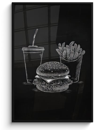 Poster in lijst - Fotolijst 80x120 cm - Posters - Hamburger - Friet - Frisdrank - Krijttekening - Posterlijst zwart - Decoratie - Wanddecoratie woonkamer - Muurdecoratie slaapkamer