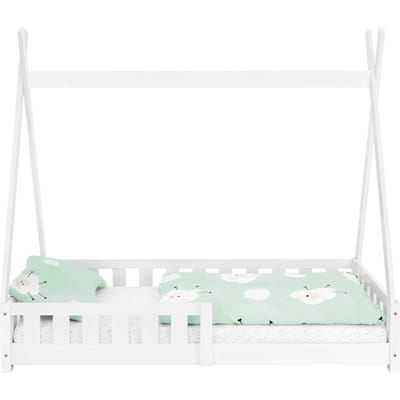 Kinderbed Tipi 80x160 cm wit gemaakt van dennenhout incl. matras H-10cm uitvalbescherming en lattenbodem ML-Design