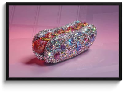 Poster in lijst - Fotolijst 90x60 cm - Posters - Hotdog - Steentjes - Glitters - Paars - Posterlijst zwart - Decoratie - Wanddecoratie woonkamer - Muurdecoratie slaapkamer