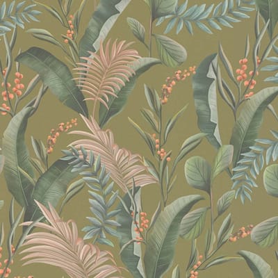 Bloemen behang Profhome 394363-GU vliesbehang hardvinyl warmdruk in reliëf licht gestructureerd met bloemmotief mat groen beige oranje 5,33 m2