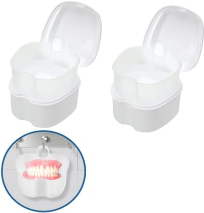 2 stuks - Gebitsbakje - Beugelbakje - Opbergdoos voor kunstgebitten - met filtermandje - Houdt de tanden hygiënisch - Week de container - Kunstgebitbadbox - Kunstgebit bakje - Met filtermand - Wit - 9*9*7 cm - Geschikt voor thuis, op kantoor, op reis