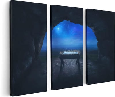 Artaza Canvas Schilderij Drieluik Kribbe in een Grot onder de Ster Van Bethlehem - 120x80 - Foto Op Canvas - Canvas Print