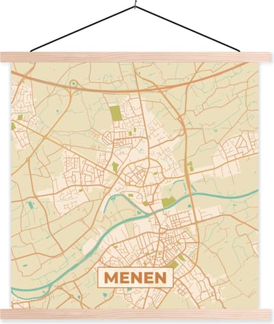 Posterhanger incl. Poster 40x40 cm - Schoolplaat - Plattegrond - Kaart - België - Vintage - Menen - Stadskaart - Textielposter - Blanke latten - Stadskaart