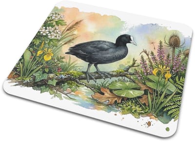 Muismat "Aquarel Series" Waterkant met Meerkoet op Tak tussen Riet & Gele Lissen - Sfeervolle Natuur Onderlegger voor Kantoor & Gaming - Ideaal Cadeau voor haar: Vrouw, Vriendin & Collega - Polderdieren Print