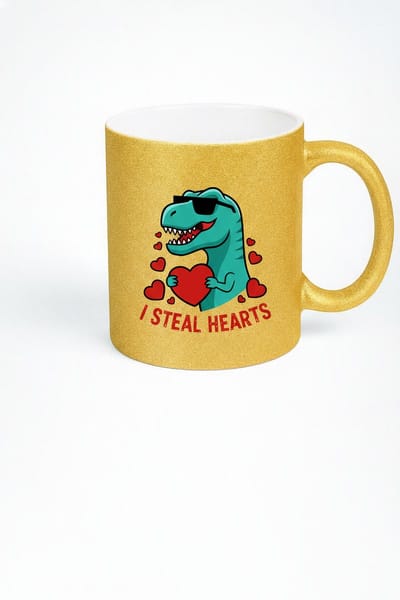 Gouden Glitter Mok Dinosaurus 'I Steal Hearts' - Grappige T-Rex Valentijnscadeau