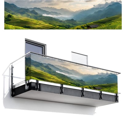 Balkonscherm 500x120 cm - Balkonposter Rijstvelden - Bergen - Groen - Natuur - Balkon scherm decoratie - Balkonschermen - Balkondoek zonnescherm