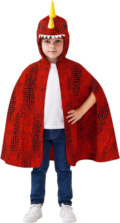 Joya Kids® Verkleedcape T-Rex | Dinosaurus Cape met Dino Kop op Capuchon | Zachte Kindercape met Knuffel Dierenkop | Verkleden | Rode Verkleed Cape | Maat S | 4 tot 6 jaar oud