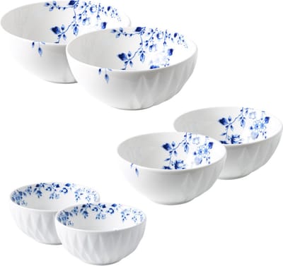 Heinen Delfts Blauw | Blauw Vouw schalen en kommen - 3-delig, 6 stuks