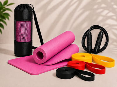 Fitness Set voor Thuis – Yogamat 183x61 cm – Springtouw 2,5 m – 3 Weerstandsbanden – Home Workout Sport Set – Roze