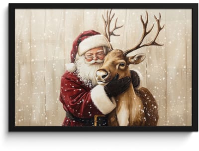 Poster in lijst - Fotolijst 60x40 cm - Posters - Kerstman - Rendier - Sneeuw - Kleurrijk - Posterlijst zwart - Decoratie - Wanddecoratie woonkamer - Muurdecoratie slaapkamer - Kerstversiering - Kerstdecoratie voor binnen - Kerstmis