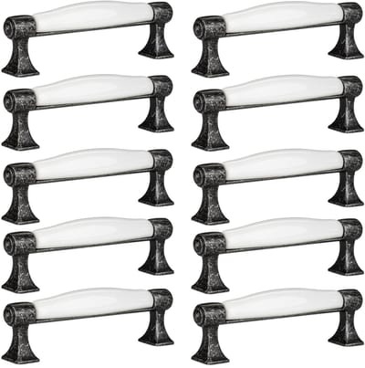 10 x Meubelgreep MARIE Boorgatafstand 96 mm Antiek-zilver-wit Porseleingreep van SOTECH