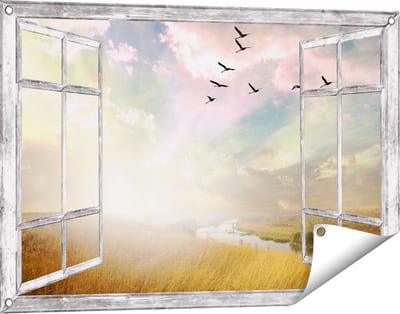 Gards Tuinposter Doorkijk Groep Vogels Vliegen Boven het Gras - 90x60 cm - Tuindoek - Tuindecoratie - Wanddecoratie buiten - Tuinschilderij