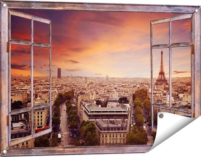 Gards Tuinposter Doorkijk Skyline Parijs met Eiffeltoren - 90x60 cm - Tuindoek - Tuindecoratie - Wanddecoratie buiten - Tuinschilderij