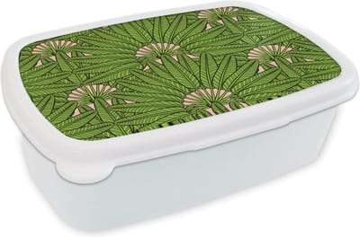 Broodtrommel Wit - Lunchbox - Brooddoos - Palmblad - Patronen - Jungle - Tropisch - 18x12x6 cm - Volwassenen