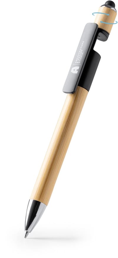 10 Balpennen met anti stress spinner en smartphone houder. Model Heting. Bamboe afwerking