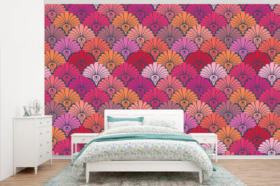 Behang - Fotobehang Patronen - Art Deco - Roze - Bloemen - Breedte 345 cm x hoogte 220 cm