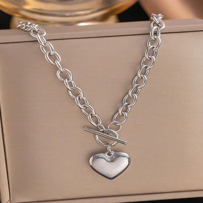 1 pièce Collier pendentif cœur à boucle OT d'été tendance en acier inoxydable doré, adapté aux femmes, accessoire de bijouterie polyvalent, cadeau Heart Necklace&one-size argenté