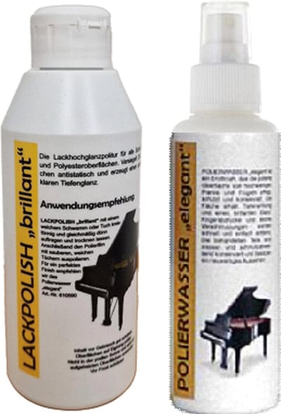 Jahn Onderhoudsset piano & vleugel - Poetsmiddel (set!). 1x Lackpolish/poetsmiddel "Brillant" - 250 ml + 1x Polierwasser/poetsspray "Elegant" - 125 ml - voor een glanzende piano, vleugel, ander instrument of uw meubel.