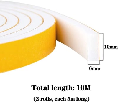 Zelfklevende Raamafdichting, 10 mm (B) x 6 mm (D) / 10 m (L) voor Geluidisolatie, Deurafdichting en Schokabsorptie, Schuimstrips en Rubberafdichtingen
