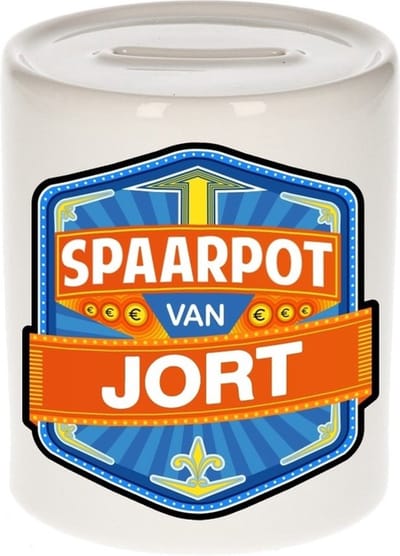 Bellatio Decorations Kinder spaarpot met naam - Jort - keramiek - met dop - wit - Sparen - Spaargeld van Jort