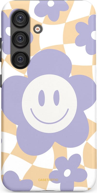 Casetastic hoesje geschikt voor Samsung Galaxy S25 - Dubbellaagse bescherming - Madeliefjes magie - Fashion Case - Lila Wit Zand Lichtgrijs