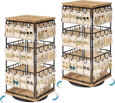 360 Graden Draaibare Oorbellenstandaard met 96 Haken, Houten en Metalen Sieradenhouder voor Oorbellen en Armbanden, Perfect Cadeau voor Vrouwen in Landelijke Stijl