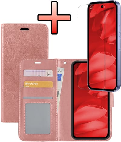 Hoesje - Met Screenprotector - Geschikt voor Google Pixel 9a - Luxe Pasjeshouder - Bookcase Portemonee - Flip Case - Kunstleer Book Case - Flipcase - Book Cover - Walletcase - Portemonneehoes - Rosé goud