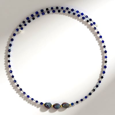 Cavill - Stalen halsband met Zwarte Zoetwaterkweekparels - 33,06 ct Lapis Lazuli en Witte Topaas - Elegante, Luxe Dames Ketting 31,4 cm