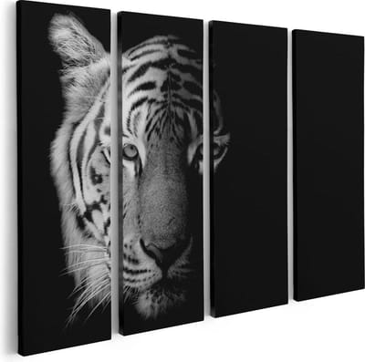 Artaza Canvas Schilderij Vierluik Tijgerkop - Tijger - Zwart Wit - 80x60 - Foto Op Canvas - Canvas Print