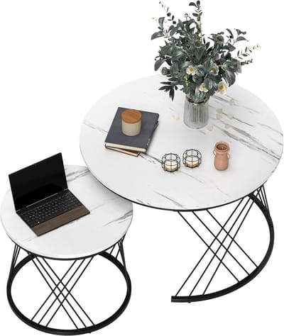 Ronde Salontafel Set van 2 met Marmerlook en Metalen Frame