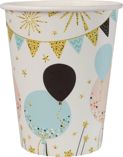 Santex feest wegwerp bekertjes - ballon - 10x stuks - 270 ml - karton - wit/goud
