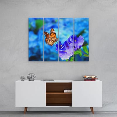 Artaza Canvas Schilderij Vierluik Oranje Vlinder Bij Paarse Bloemen - 80x60 - Foto Op Canvas - Canvas Print