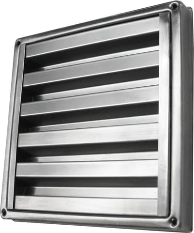 Paneir Airdesigns - Regeninslag werend ventilatierooster vierkant 185 mm x 185 mm - vaste lamellen - uitneembaar insectennet - geborsteld RVS