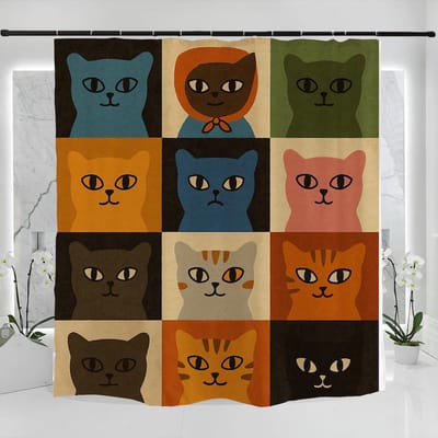 Floraweg douchegordijn, badkamergordijn, kattenmotief, hoogwaardig materiaal, digitaal bedrukt, schimmelbestendig, inclusief 12 haken, waterdicht, machinewasbaar, polyester, 180 x 200 cm