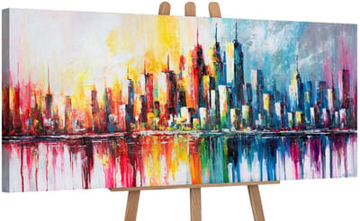 Canvas schilderij panoramisch 115x50 handgeschilderd ritme van de metropool urban – YS-Art Gallery – Dynamische wanddecoratie voor woonkamer – Modern schilderij voor hal